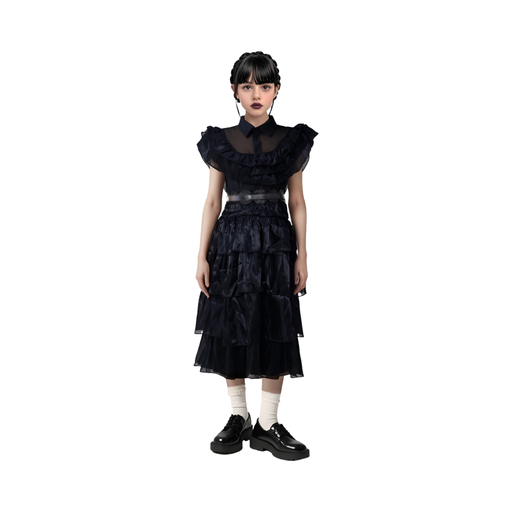 Disfraz Merlina baile niña, vestido negro con vuelos, cuello camisero y cinturón
