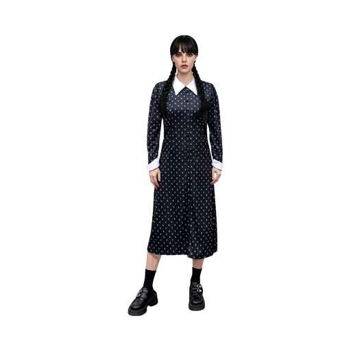 Disfraz de Merlina para mujer, vestido negro largo estampado con cuello y puños blancos
