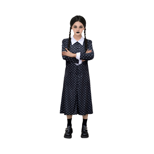 Disfraz de Merlina para niña, vestido negro largo estampado con cuello y puños blancos