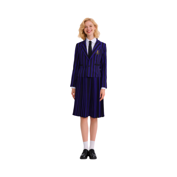 Disfraz de Merlina para mujer, uniforme Nevermore a rayas moradas con chaqueta y falda plisada