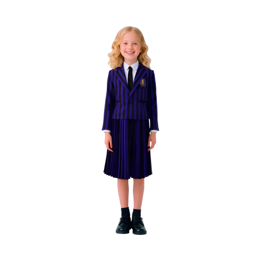 Disfraz de Merlina para niña, uniforme Nevermore a rayas moradas con chaqueta y falda plisada