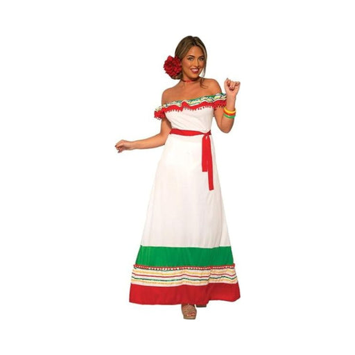 Disfraz de mexicana para mujer, vestido largo blanco con franjas verde y roja, vuelo en los hombros y cinturón rojo