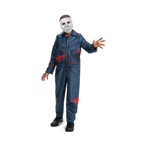 Disfraz de Michael Myers para niño, overol azul con manchas rojas y máscara blanca