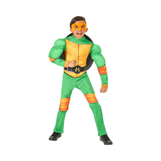 Disfraz de Michelangelo Tortugas Ninja para niño, enterito verde con caparazón y antifaz naranjo