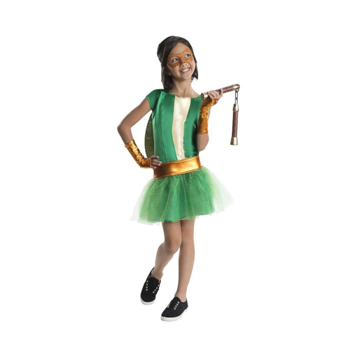 Disfraz de Miguel Ángel Tortugas Ninja para niña, vestido tutú verde con caparazón y antifaz naranjo
