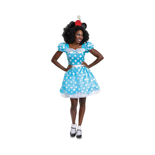 Disfraz de Minnie vintage para mujer, vestido celeste de lunares blancos con mangas abullonadas y cintillo con orejas