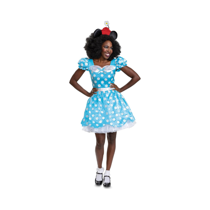 Disfraz de Minnie vintage para mujer, vestido celeste de lunares blancos con mangas abullonadas y cintillo con orejas