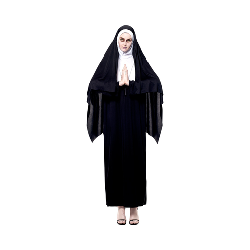 Disfraz de monja para mujer, túnica negra larga con toca negra y blanca