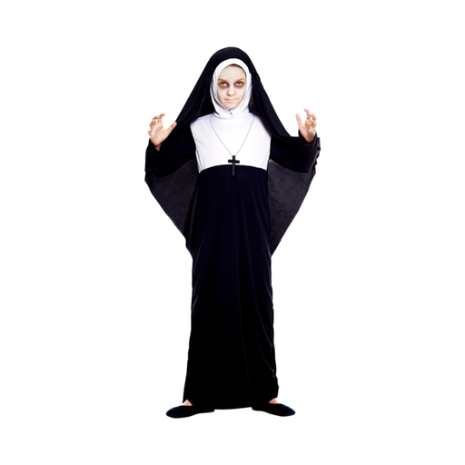 Disfraz de monja para niña, túnica negra larga con pechera blanca, toca negra y blanca y cruz