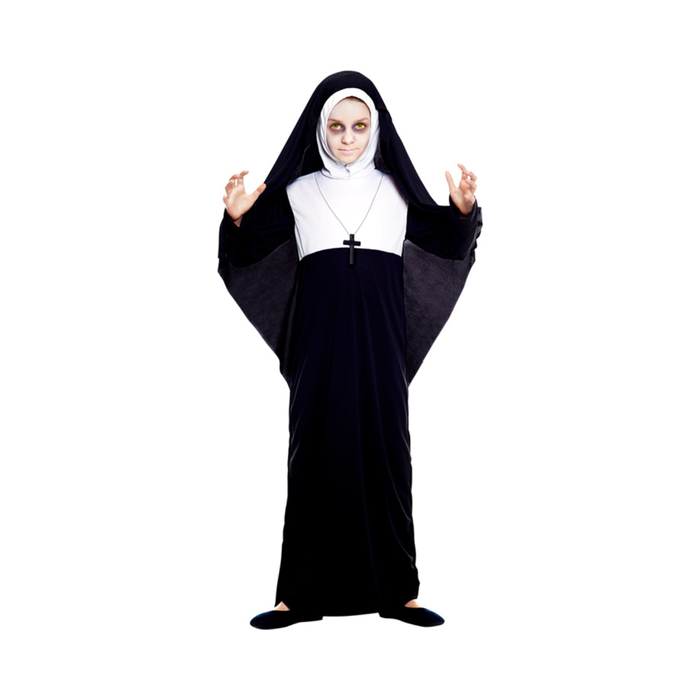 Disfraz de monja para niña, túnica negra larga con pechera blanca, toca negra y blanca y cruz