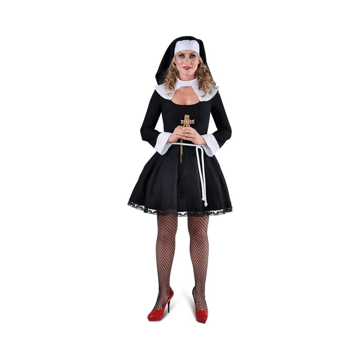 Disfraz de monja sexy para mujer, vestido negro corto con cuello blanco y tocado de monja