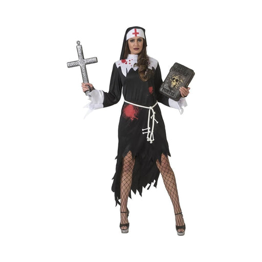 Disfraz de monja zombie para mujer, vestido negro rasgado con toca y cinturón