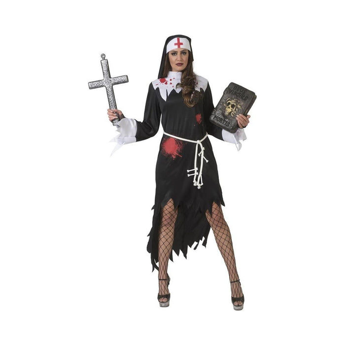 Disfraz de monja zombie para mujer, vestido negro rasgado con toca y cinturón