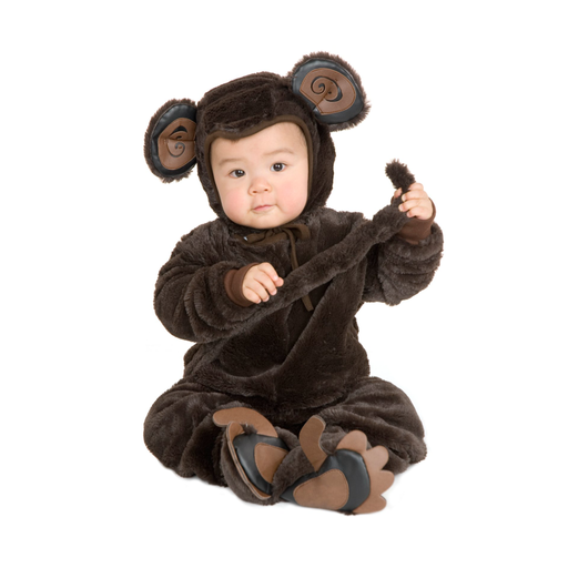 Niño pequeño con disfraz de mono de peluche café con capucha con orejas