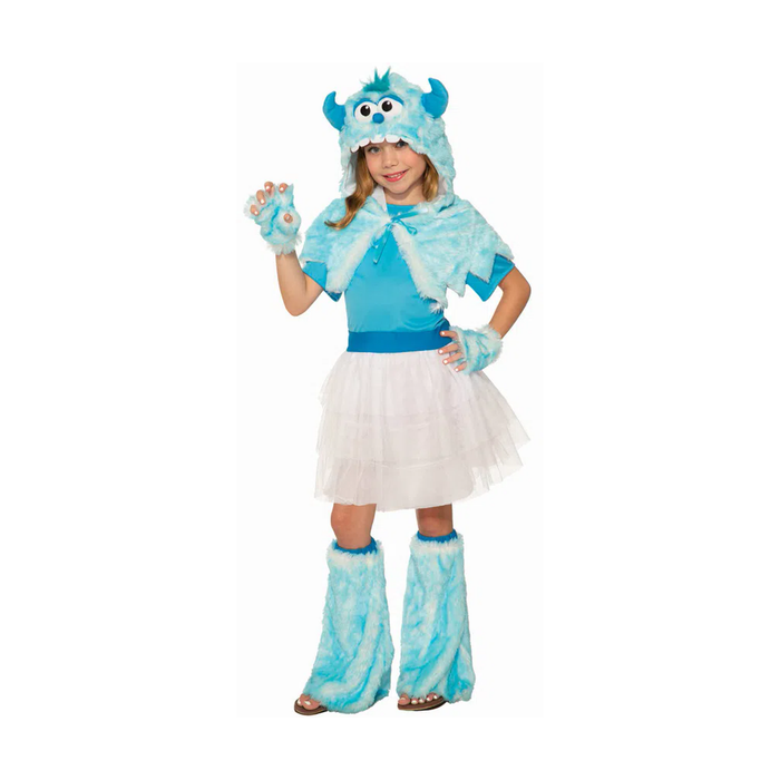 Disfraz de monstruita yeti celeste para niña con capucha de peluche con cuernos, capa corta y falda de tul blanca