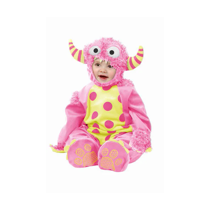 Bebé con disfraz de monstruito rosado de peluche
