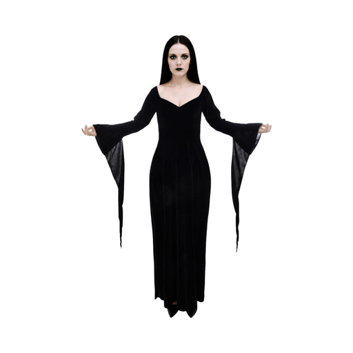 Disfraz de Morticia Addams para mujer, vestido largo negro con mangas acampanadas en punta
