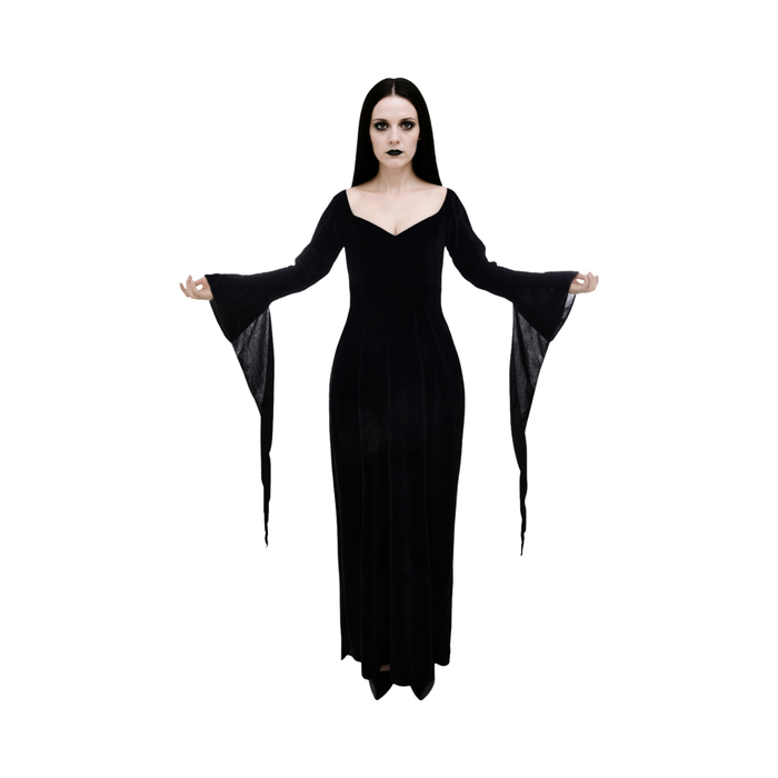 Disfraz de Morticia Addams para mujer, vestido largo negro con mangas acampanadas en punta