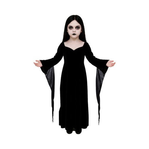 Disfraz de Morticia Addams para niña, vestido largo negro con mangas acampanadas en punta