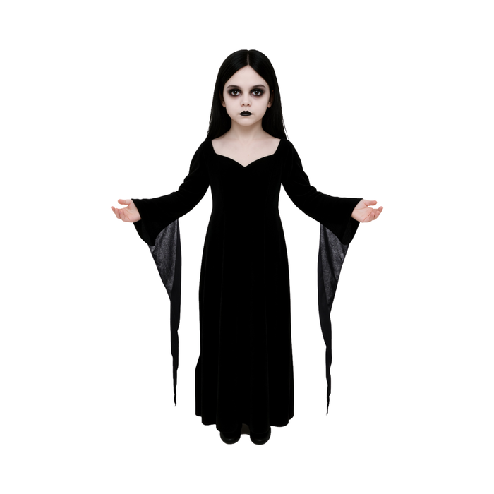 Disfraz de Morticia Addams para niña, vestido largo negro con mangas acampanadas en punta