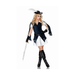 Mujer con disfraz sexy de mosquetera, vestido blanco, chaqueta azul oscuro y sombrero con pluma