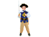 Disfraz de mosquetero para niño, casaca azul con cruz dorada, camisa blanca con vuelos, cinturón, pantalón beige y sombrero negro