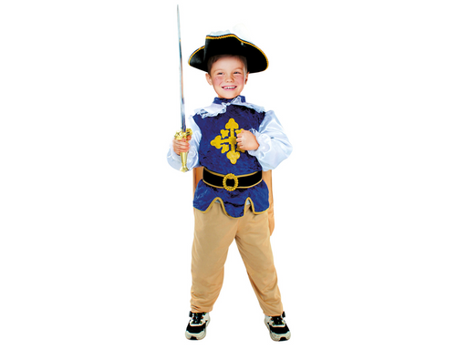 Disfraz de mosquetero para niño, casaca azul con cruz dorada, camisa blanca con vuelos, cinturón, pantalón beige y sombrero negro