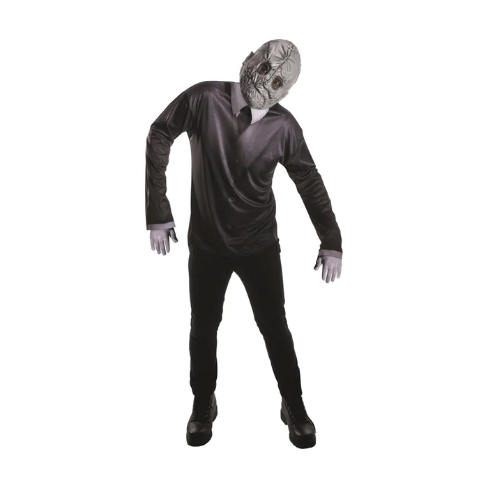 Disfraz de Mr Slim para hombre con camisa negra tipo traje y máscara gris de terror