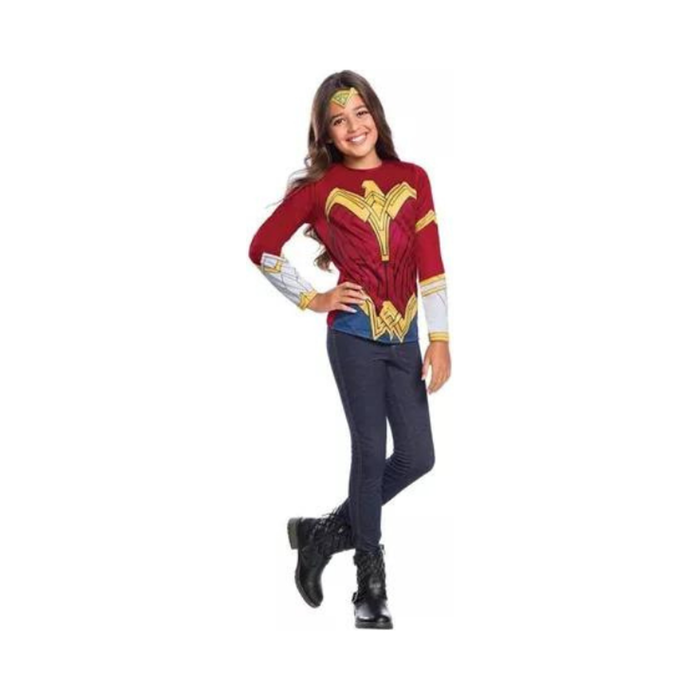 Disfraz de Mujer Maravilla para niña, top rojo de manga larga con diseño dorado impreso y tiara