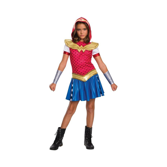 Disfraz de Mujer Maravilla para niña, vestido rojo con capucha, emblema dorado, falda azul con estrellas, cinturón dorado y guanteletes plateados