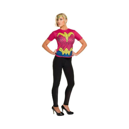 Disfraz de Mujer Maravilla para mujer, polera roja estampada con detalles dorados y tiara