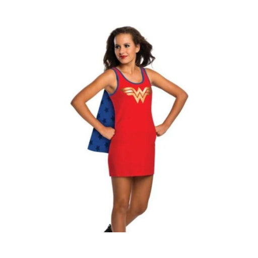 Disfraz de Mujer Maravilla para mujer, vestido rojo sin mangas con símbolo dorado y capa azul con estrellas
