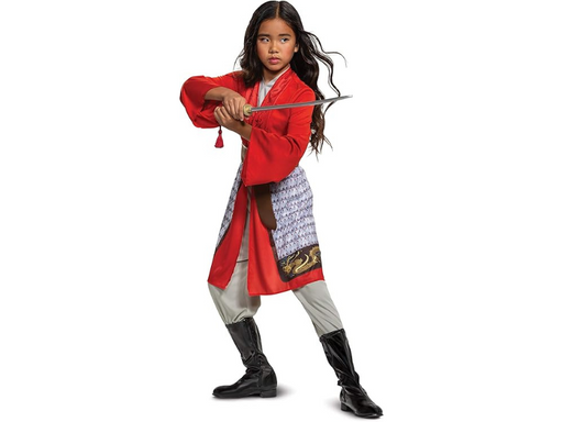 Disfraz de Mulan para niña, túnica roja con pantalón gris y armadura con cinturón café