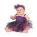 Bebé con disfraz de murciélago, vestido tutú morado y negro y diadema morada con alas de murciélago