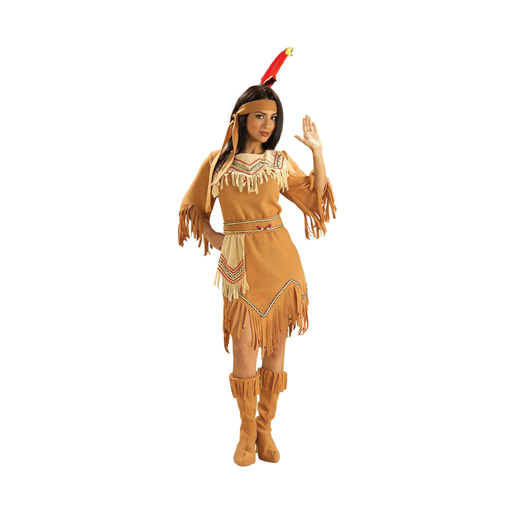 Disfraz de nativa americana para mujer: vestido café con flecos, cinturón, cintillo con pluma roja y cubrebotas