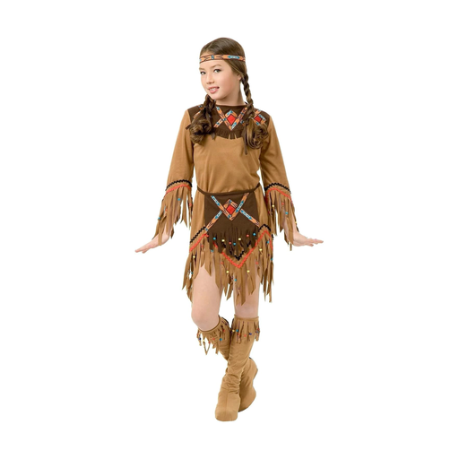 Disfraz de nativa americana para niña con vestido café tipo gamuza con flecos, faldón de cintura con detalles de colores y cintillo