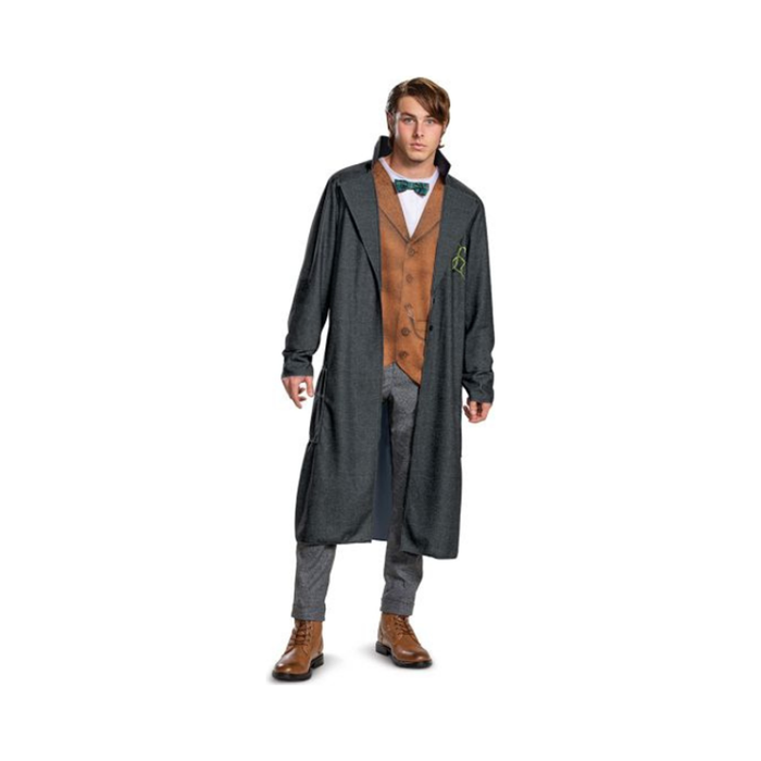 Disfraz de Newt Scamander para adulto, chaqueta larga gris con chaleco café y corbatín