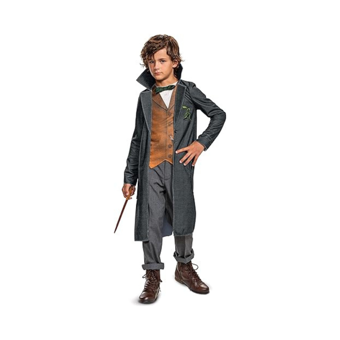 Disfraz de Newt Scamander para niño, abrigo largo gris con chaleco naranjo y corbatín