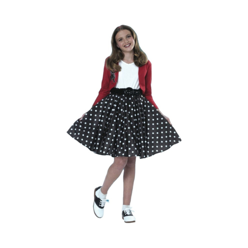 Disfraz años 50 para niña, falda negra con lunares blancos, polera blanca, chaqueta roja con aplicación y cinturón negro
