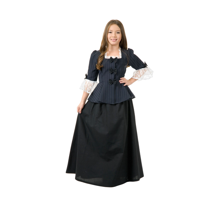 Disfraz de dama colonial para niña con falda larga negra y blusa oscura con encaje en los puños