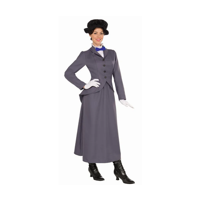 Mujer con disfraz de niñera inglesa, traje gris, guantes blancos y sombrero negro