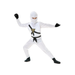 Disfraz de ninja blanco para niño con polera y pantalón blancos, chaleco de correas con emblema dorado y capucha