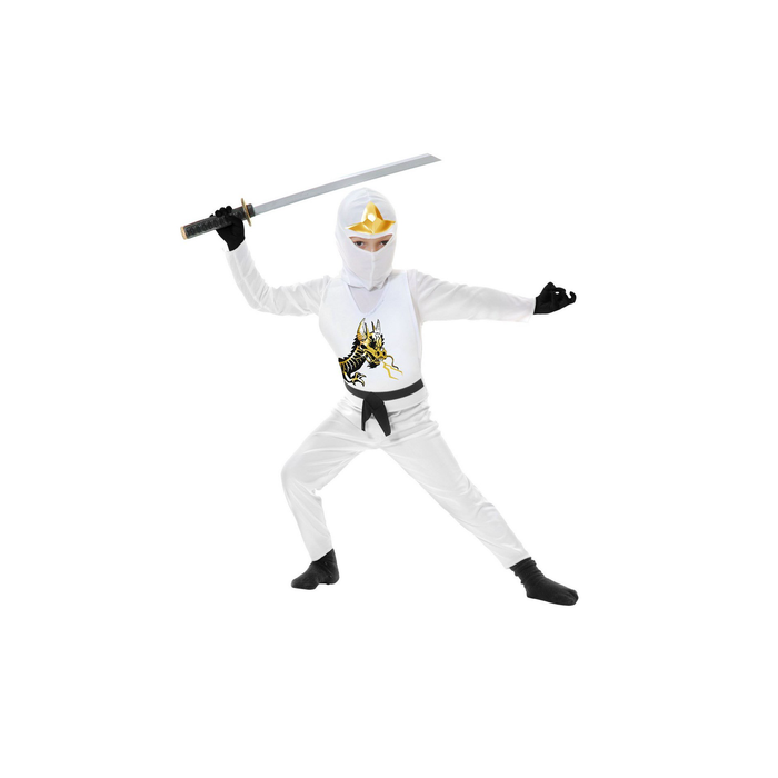 Niño con disfraz de ninja blanco con capucha y dragón dorado en el pecho