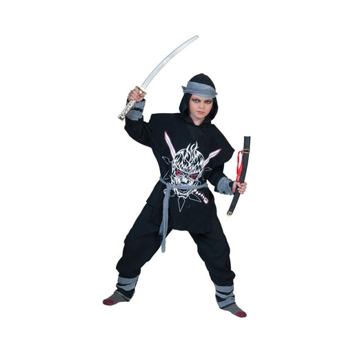 Disfraz de ninja infantil negro con estampado de calavera en la pechera y amarras grises