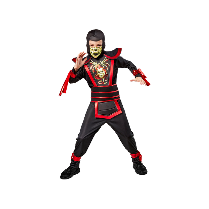 Disfraz de ninja guerrero para niño, enterito negro con pechera de dragón rojo, hombreras, cinturón, capucha y máscara