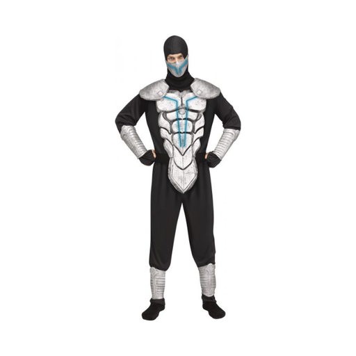 Disfraz ninja para adulto negro con armadura plateada y detalles luminosos azules en pecho y máscara