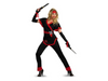 Disfraz de ninja para mujer, top negro con ribetes rojos, pantalón negro, guantes largos y cintillo rojo