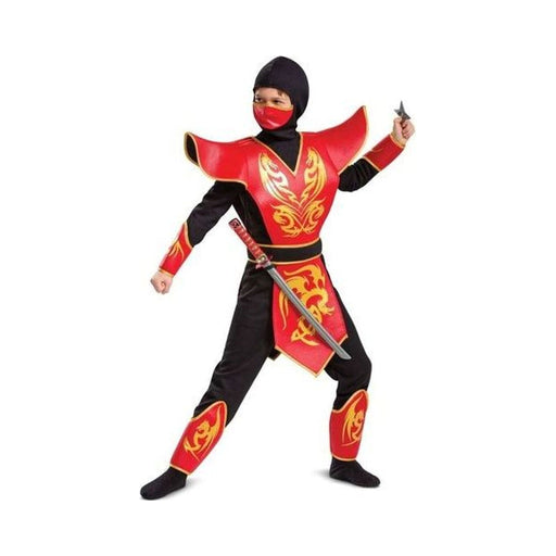 Disfraz ninja para niño rojo y negro con dragones dorados, capucha con máscara, espada y estrella ninja
