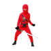 Disfraz de ninja rojo para niño con polera y pantalón rojos, chaleco de correas con emblema dorado y capucha