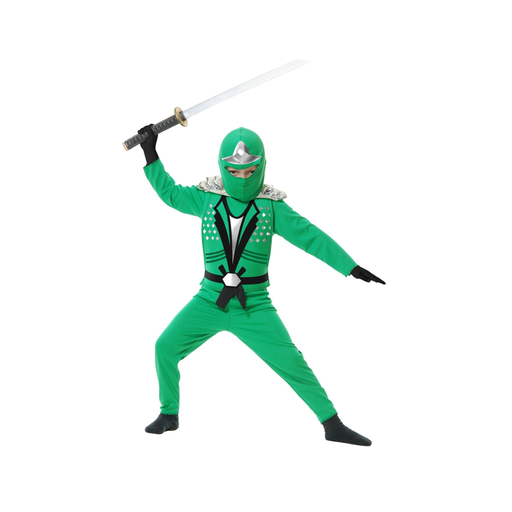 Disfraz de ninja verde para niño con capucha, chaleco, cinturón negro y armadura plateada en los hombros